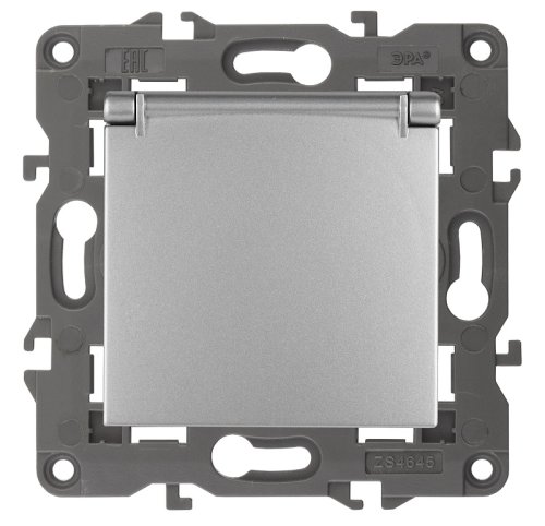 Розетка с заземлением без рамки Эра Elegance 1-м. крышка шторки алюминий картинка